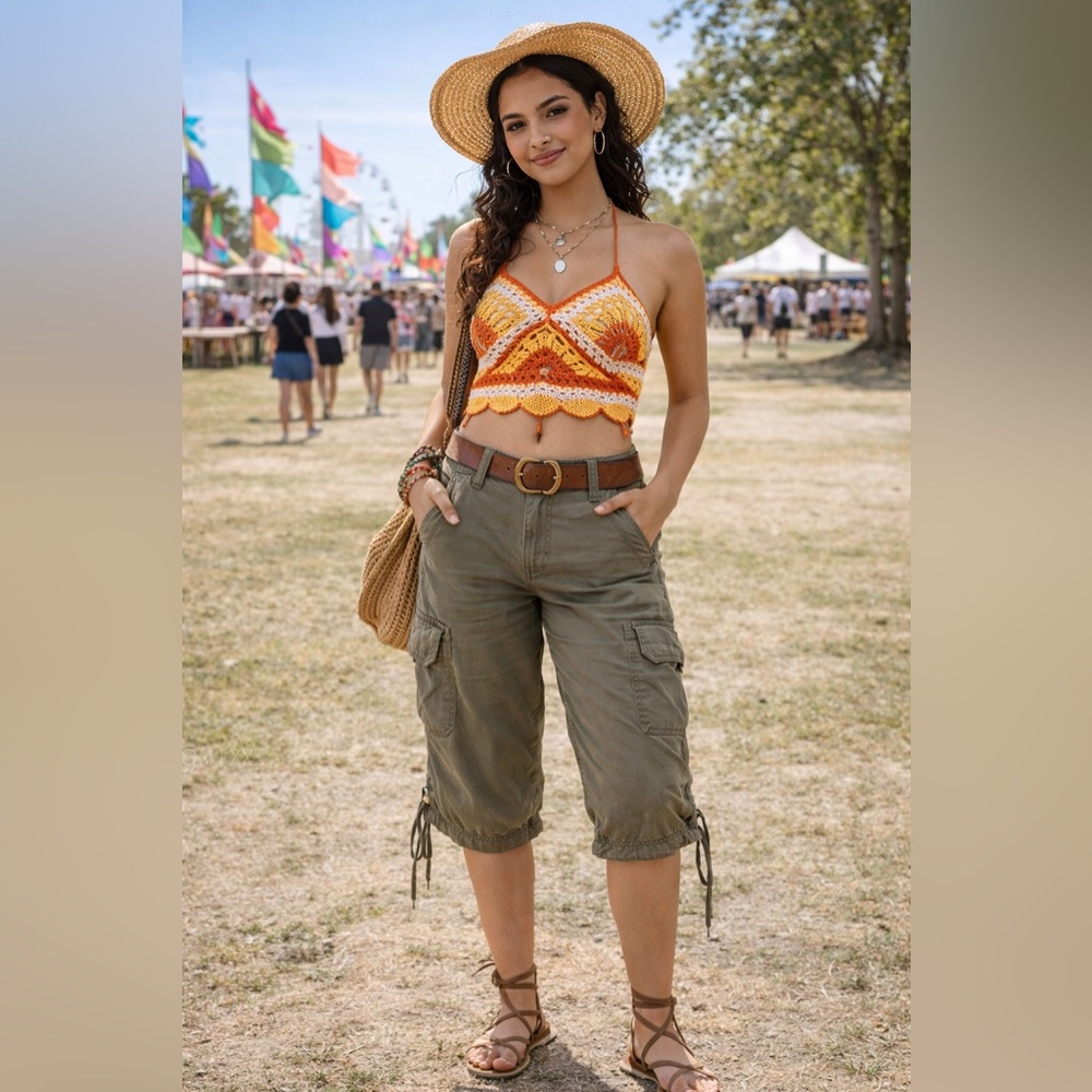 Wear It Declare It Olive Cargo Capri Shorts Cotton Utility Boho Festival Pants